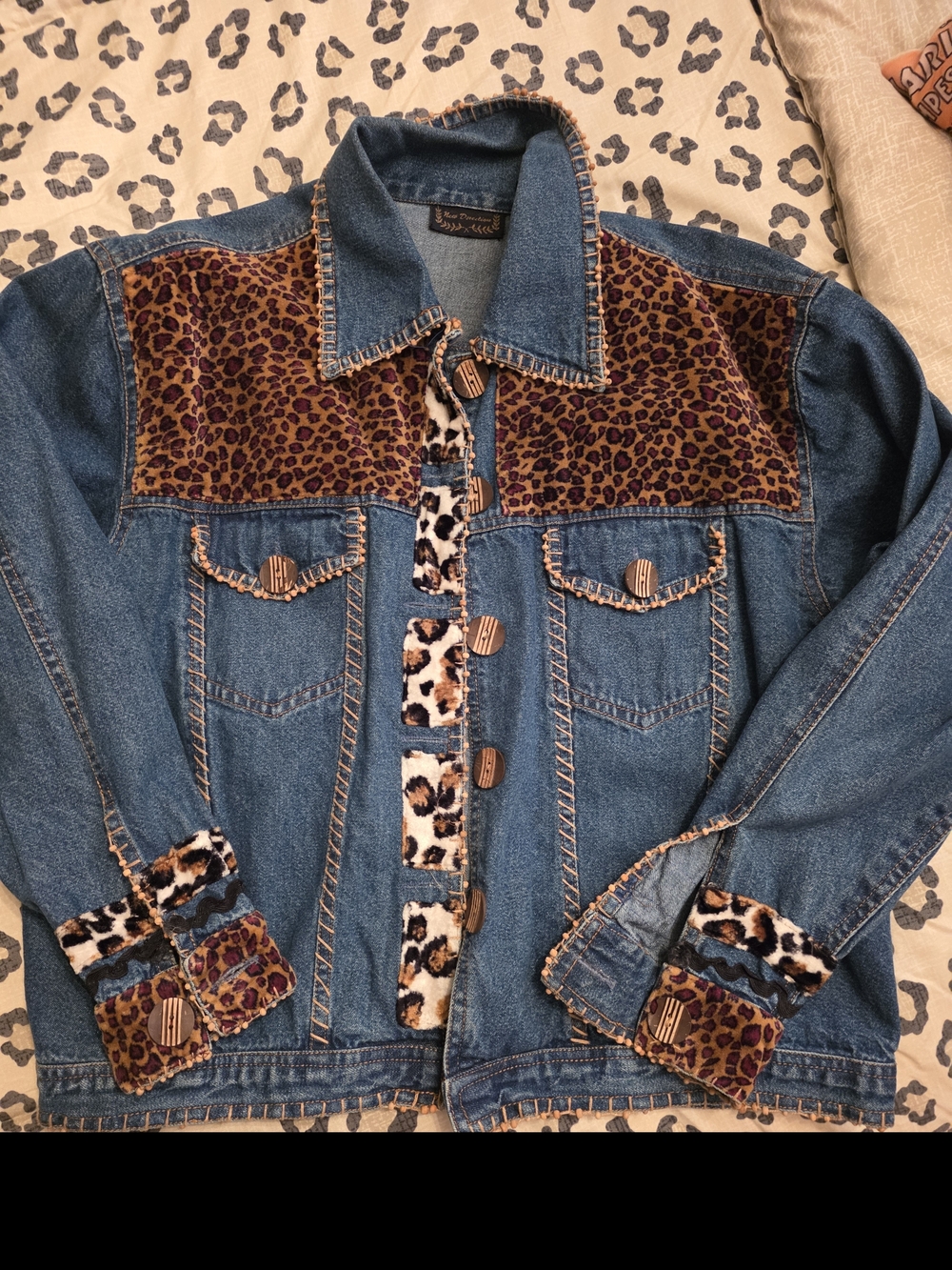 Denim Jacket with Leopard Trim - Women's Blue Jean Jacket